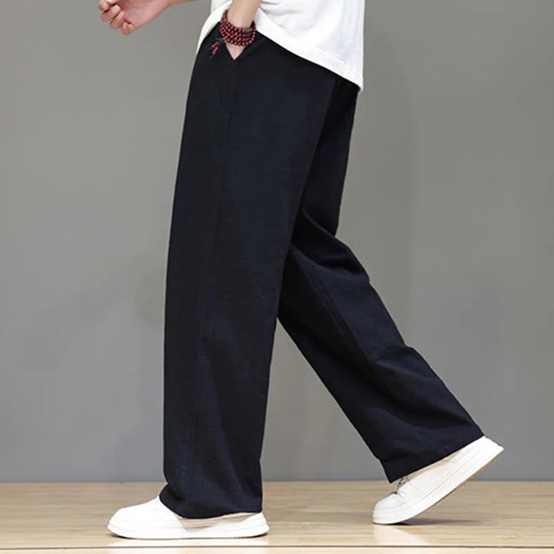 Buddha Stones Summer Men's Cotton Linen Straight Leg Pants With Pockets