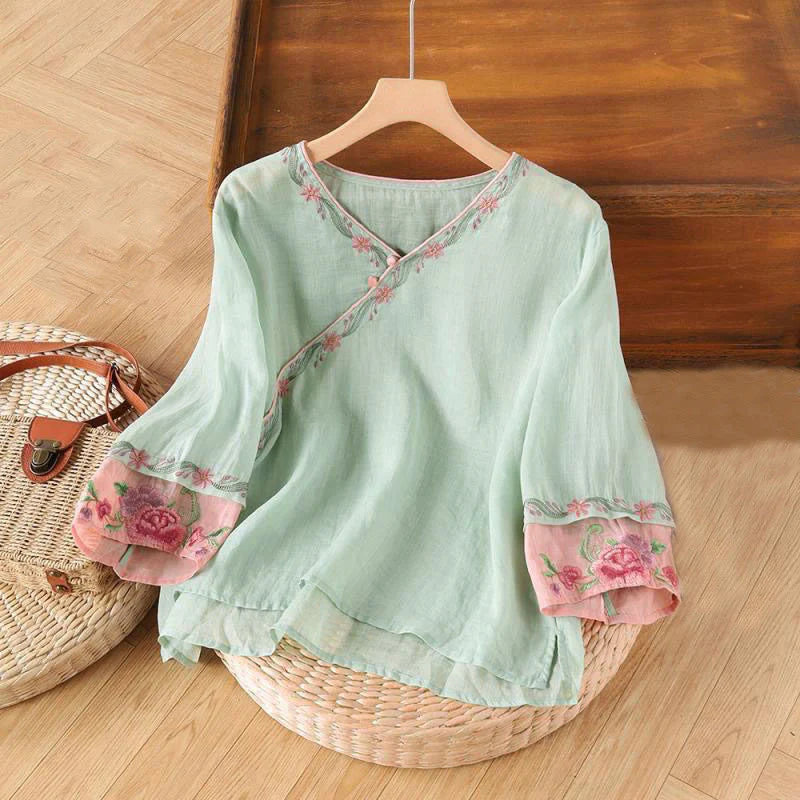 Buddha Stones Stand Collar Embroidery Button Design Three Quarter Sleeve Women's Shirt