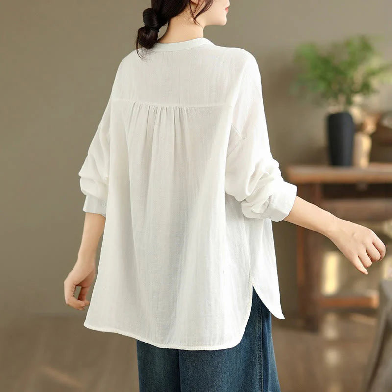 Buddha Stones Fall Embroidery Human Figure Dog Pattern Round Neck Buttons Women's Long Sleeve Shirt