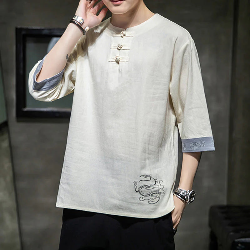 Buddha Stones Summer Embroidery Plain Frog-Button Men's Crew Neck Half Sleeve Cotton Linen Shirt Clothing