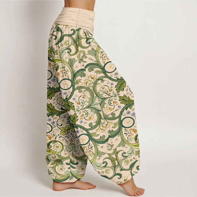 Buddha Stones Pure Cotton Layered Leaves Vines Flowers Pattern Women's Elastic Waist Harem Pants