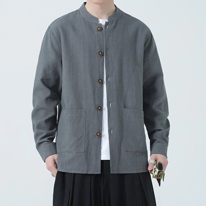 Buddha Stones Men's Button Ramie Linen Cotton Fleece Lined Jacket Shirt With Pockets
