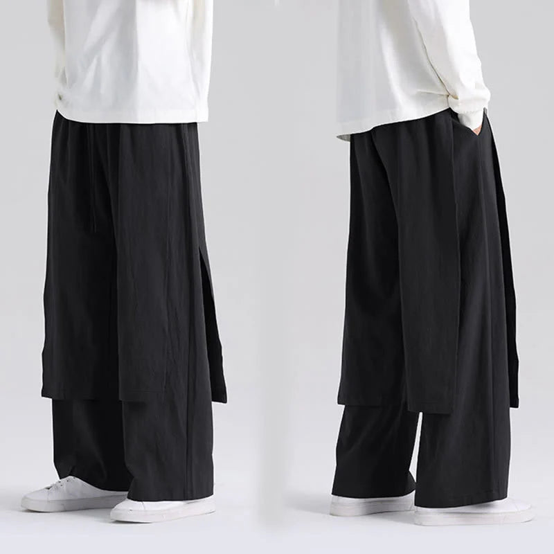 Buddha Stones Plain Patchwork Design Men's Cotton Pants With Pockets