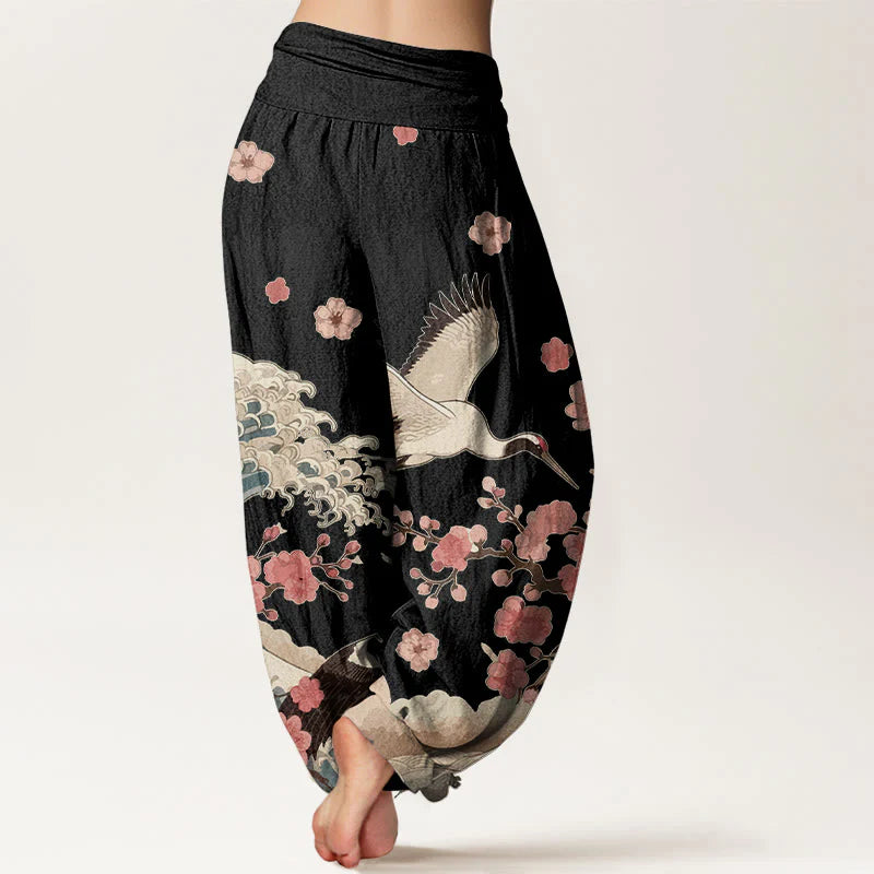Buddha Stones Pure Cotton Cranes Peach Blossoms Ocean Women's Elastic Waist Harem Pants