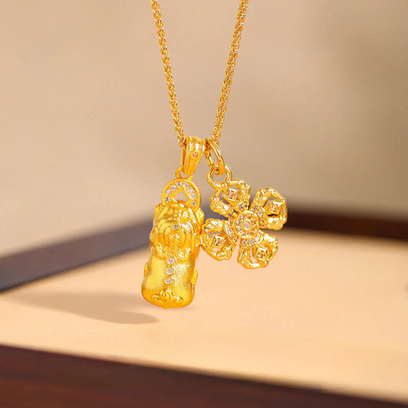 Buddha Stones 24k Gold Plated Brass Pixiu Cross Dorje Vajra Wealth Chain Pendant Necklace