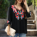 Buddha Stones Black Casual Embroidery Rose Pattern Three Quarter Sleeve Crew Neck Cotton Women's T-Shirt