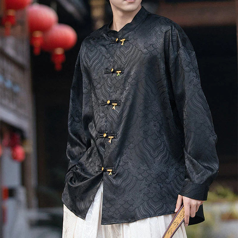 Buddha Stones Chinese Frog-Button Bamboo Shape Design Stand Collar Men's Long Sleeve Shirt