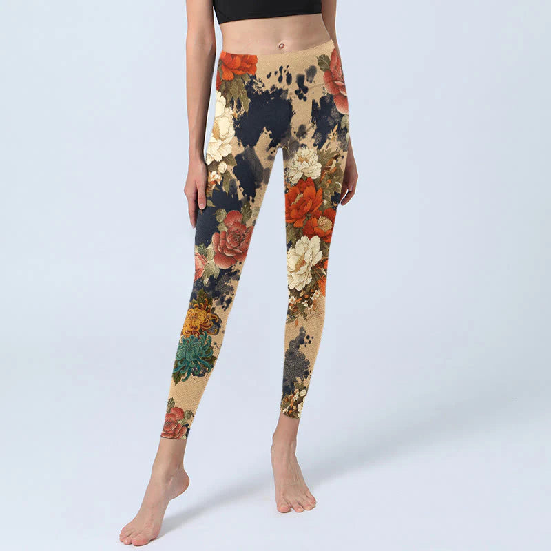 Buddha Stones Ink Painting Style Peony Chrysanthemums Pattern Print Gym Leggings Women's Yoga Pants
