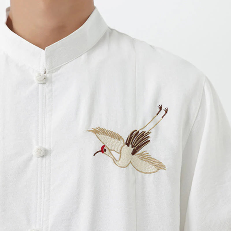 Buddha Stones Embroidery Buttons Half Sleeve Design Stand Collar Men's Cotton Shirt