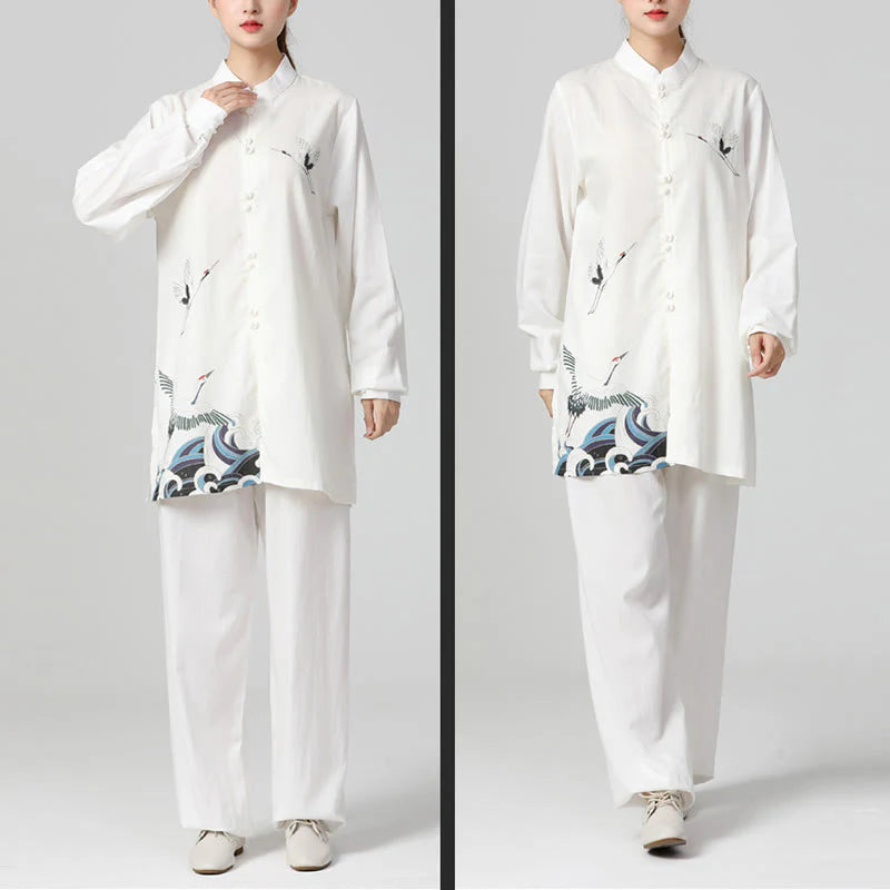 Buddha Stones White Crane Sea Cotton Linen Meditation Prayer Spiritual Zen Tai Chi Qigong Practice Clothing Set