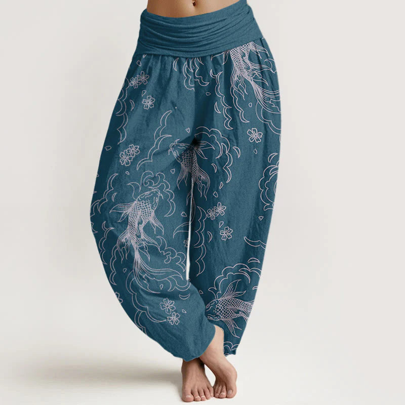 Buddha Stones Cotton Casual Koi Fish Waves And Petal Line Pattern Women's Elastic Waist Harem Pants