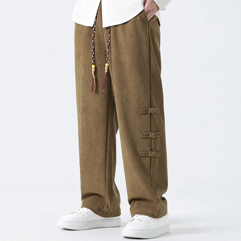 Buddha Stones Fall Solid Frog-Button Men's Drawstring Corduroy Straight Leg Pants With Pockets