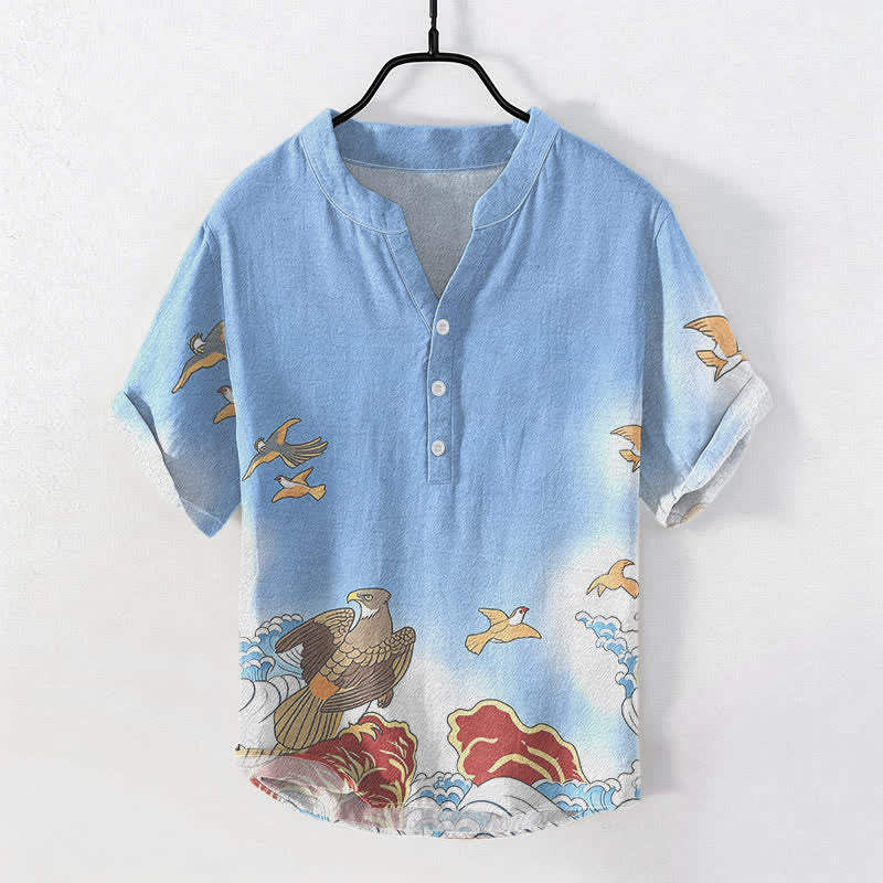 Buddha Stones Cotton Ocean Bird Wave Rock Print Men's Short Sleeve Half Button Shirt