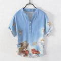 Buddha Stones Cotton Ocean Bird Wave Rock Print Men's Short Sleeve Half Button Shirt