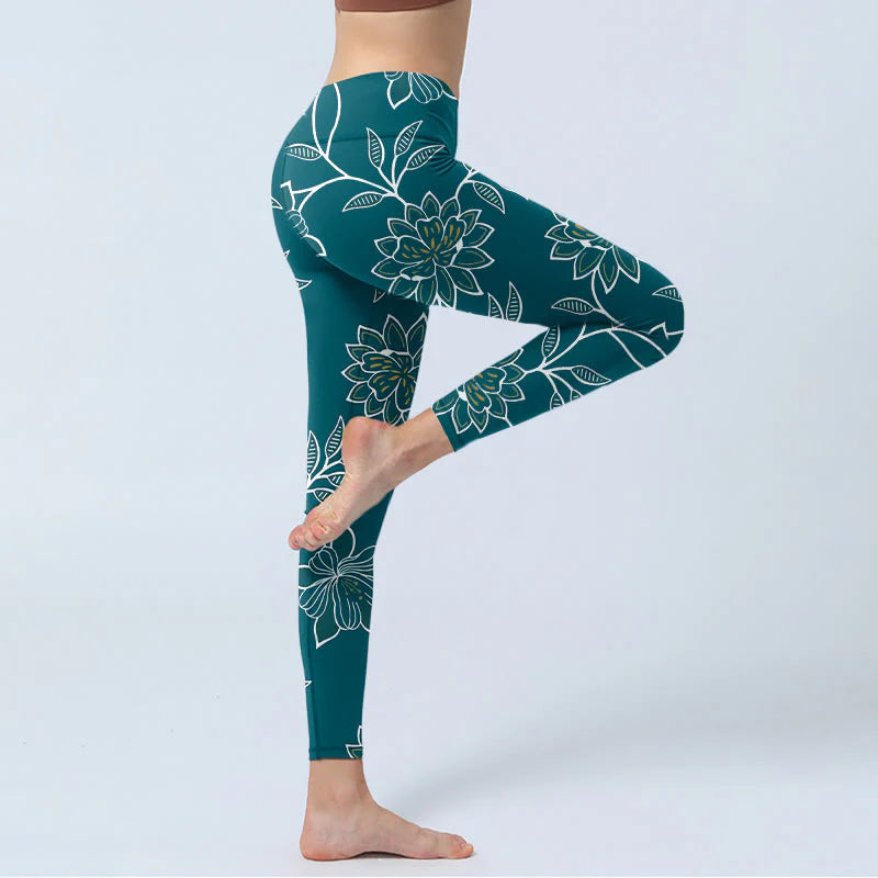 Buddha Stones Retro Elegant Flower Leaf Pattern Print Gym Leggings Women's Yoga Pants