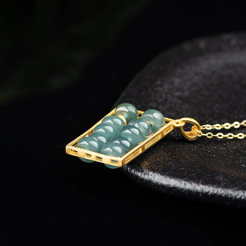 Buddha Stones Natural Jade Abacus Pattern Abundance Titanium Steel Chain Necklace Pendant