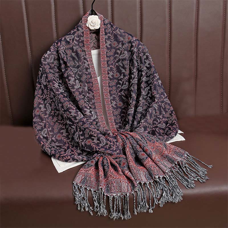 Buddha Stones Tibetan Jacquard Paisley Flower Pattern Color Contrast Design Tassel Cozy Scarf Shawl
