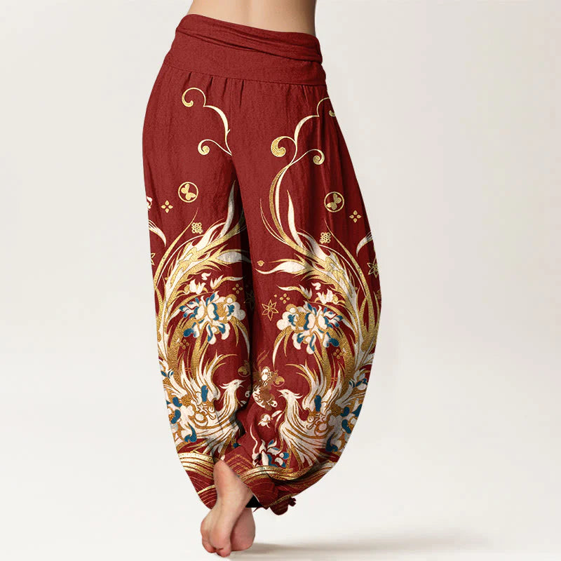 Buddha Stones Cotton Phoenix Butterfly Flower Pattern Women's Elastic Waist Harem Pants