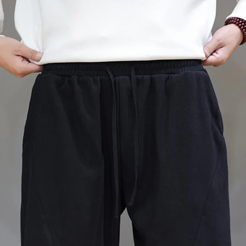 Buddha Stones Winter Solid Color Fleece-lined Men's Cotton Linen Pants With Pockets