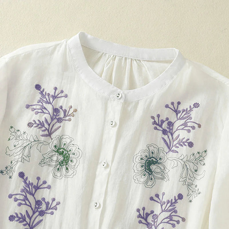 Buddha Stones Embroidery Pleated Design Stand Collar Three Quarter Sleeve Side Slit Hem Women's Cotton Shirt