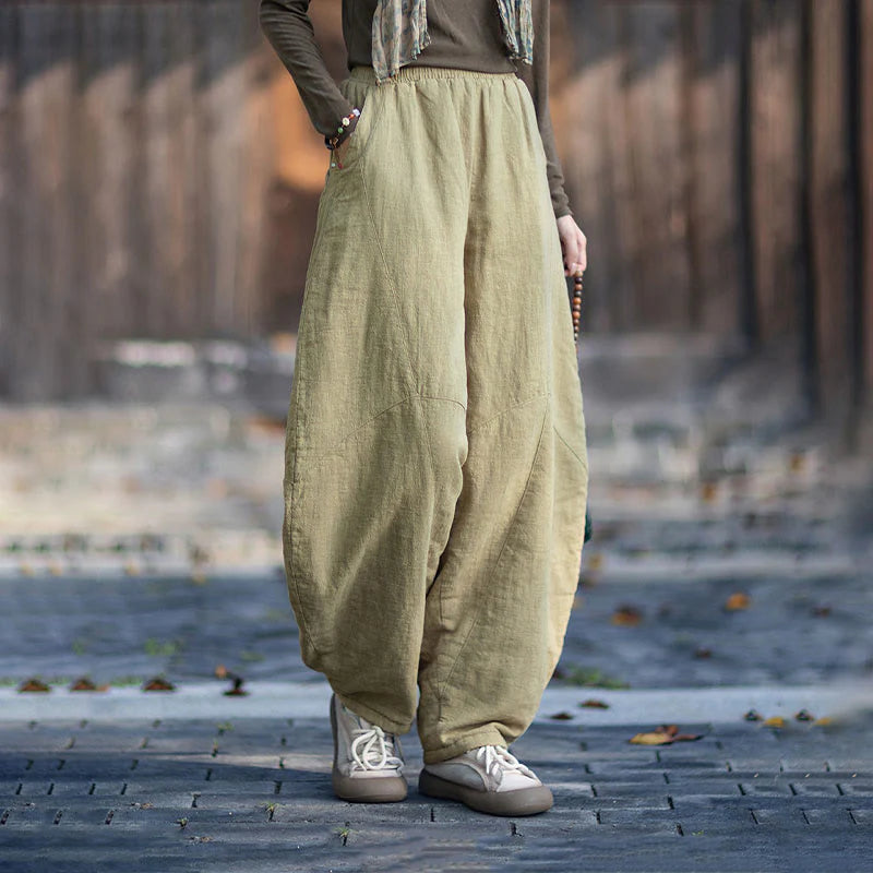 Buddha Stones Winter Elastic Waist Ramie Cotton Thermal Women's Pants With Pockets