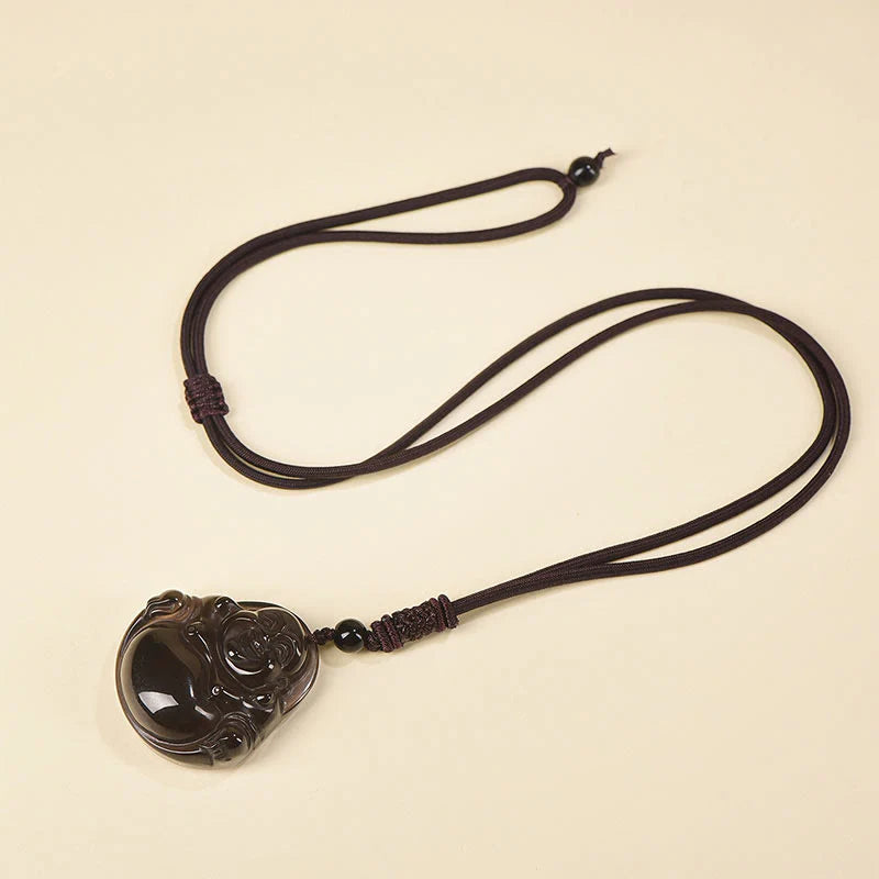 Buddha Stones Natural Black Obsidian Ice Obsidian Laughing Buddha Purification Necklace Pendant