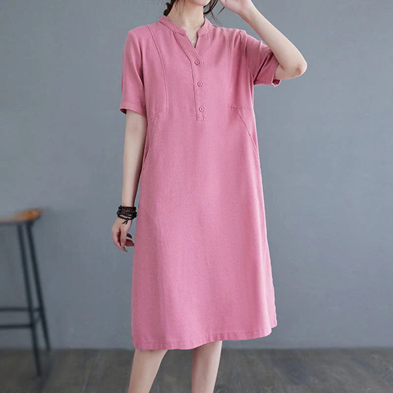 Buddha Stones Casual Daily Pure Color Button Design Short Sleeve Cotton Linen Midi Dress With Pockets