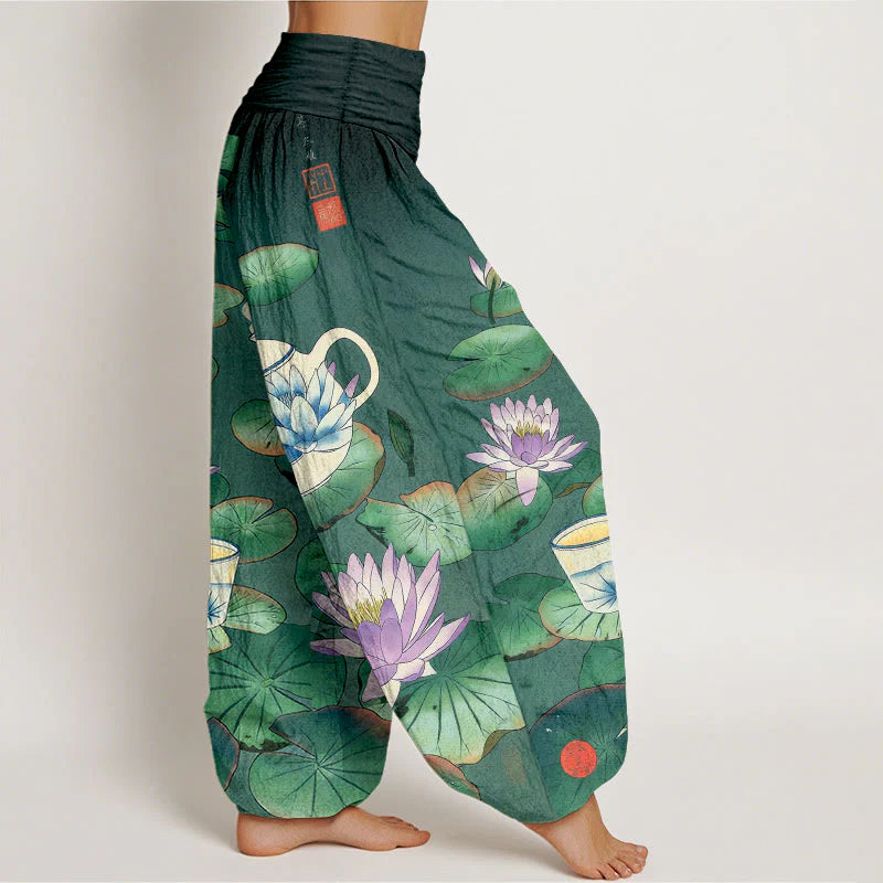 Buddha Stones Pure Cotton Fresh Teapot Cup Lotus Flower Leaf Pattern Women's Elastic Waist Harem Pants