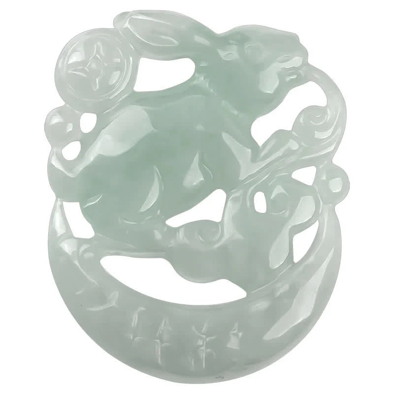 Buddha Stones Year of the Rabbit White Jade Crescent Moon Protection Necklace Pendant