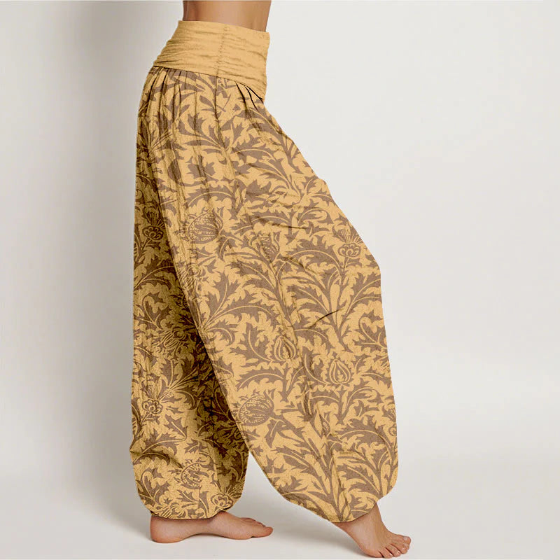 Buddha Stones Cotton Flowers Buds Serrated Leaves Pattern Women's Elastic Waist Harem Pants
