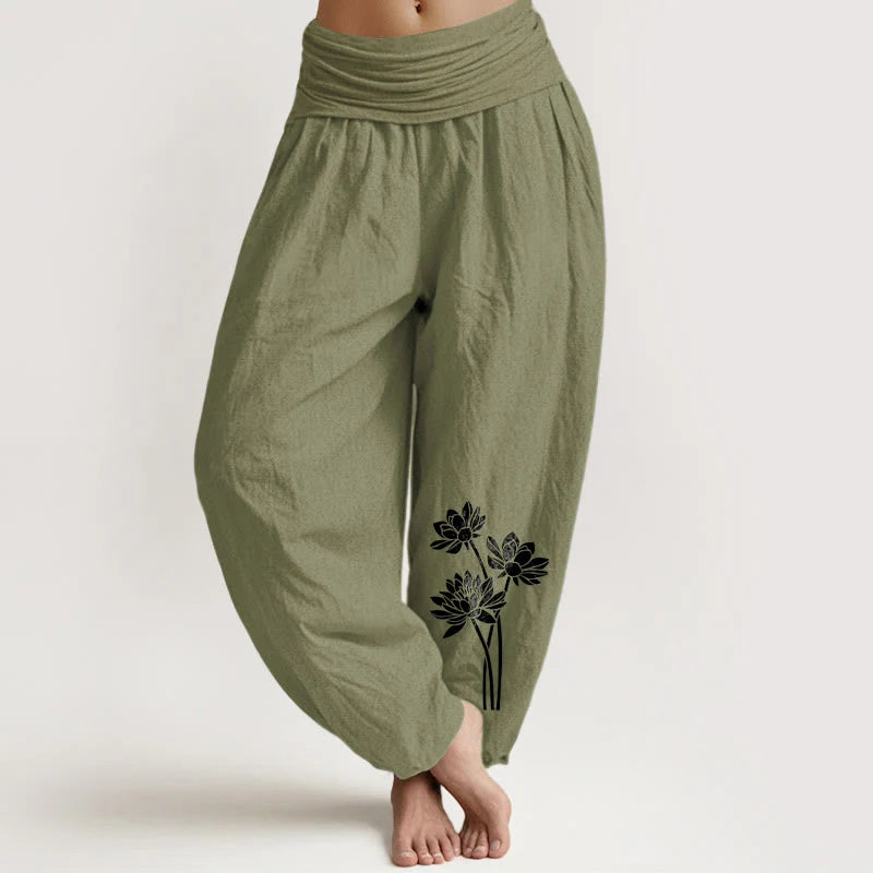 Buddha Stones Casual Three Lotus Flowers Pattern Women's Elastic Waist Harem Cotton Pants