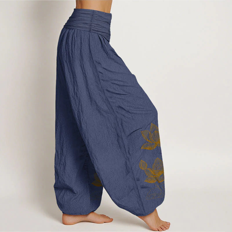 Buddha Stones Pure Cotton Line Drawing Lotus Flower Pattern Women's Elastic Waist Harem Pants