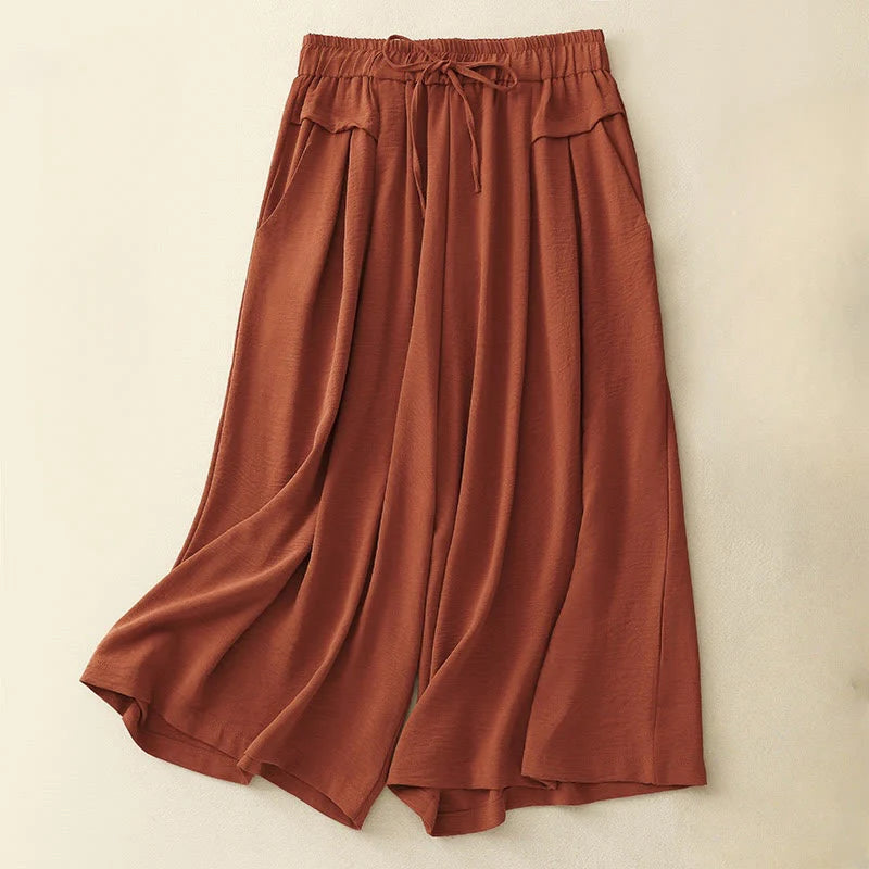 Buddha Stones Causal Ethnic Simple Drawstring Design Women's Wide Leg Cropped Pants With Pockets