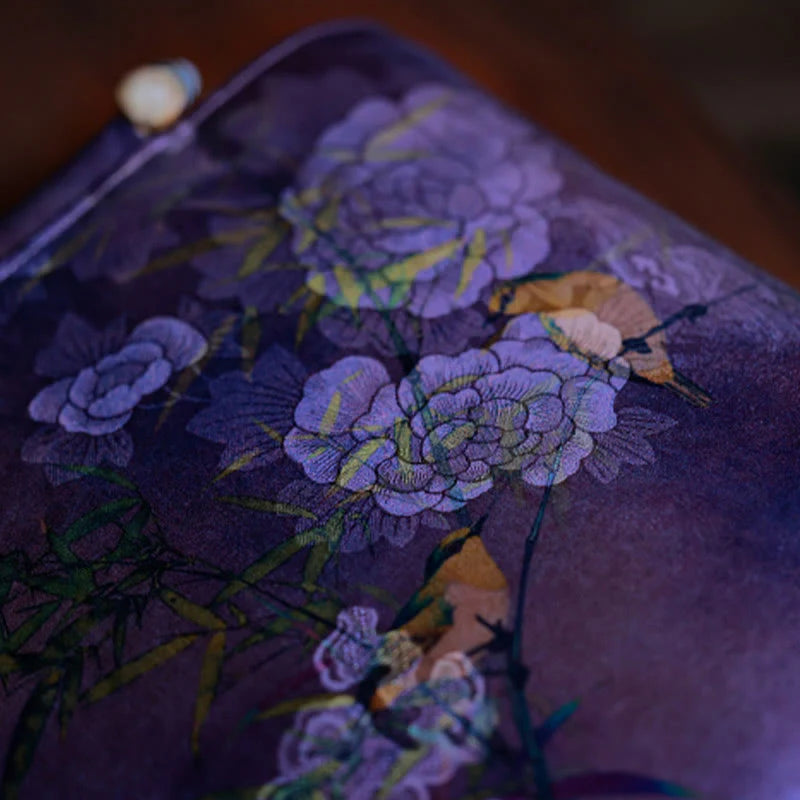 Buddha Stones Purple Magpie Birds Branches Bamboo Handles Handbag
