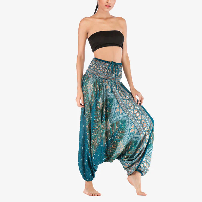 Buddha Stones Two Style Wear Feathers Geometric Pattern Loose Smocked Trousers Jumpsuit Women's Yoga Pants