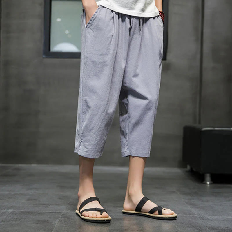 Buddha Stones Summer Men's Linen Drawstring Cropped Pants With Pockets