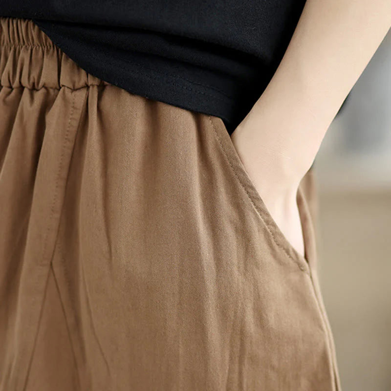 Buddha Stones Casual Plain Cotton Women's 7-8 Length Wide Leg Pants With Pockets