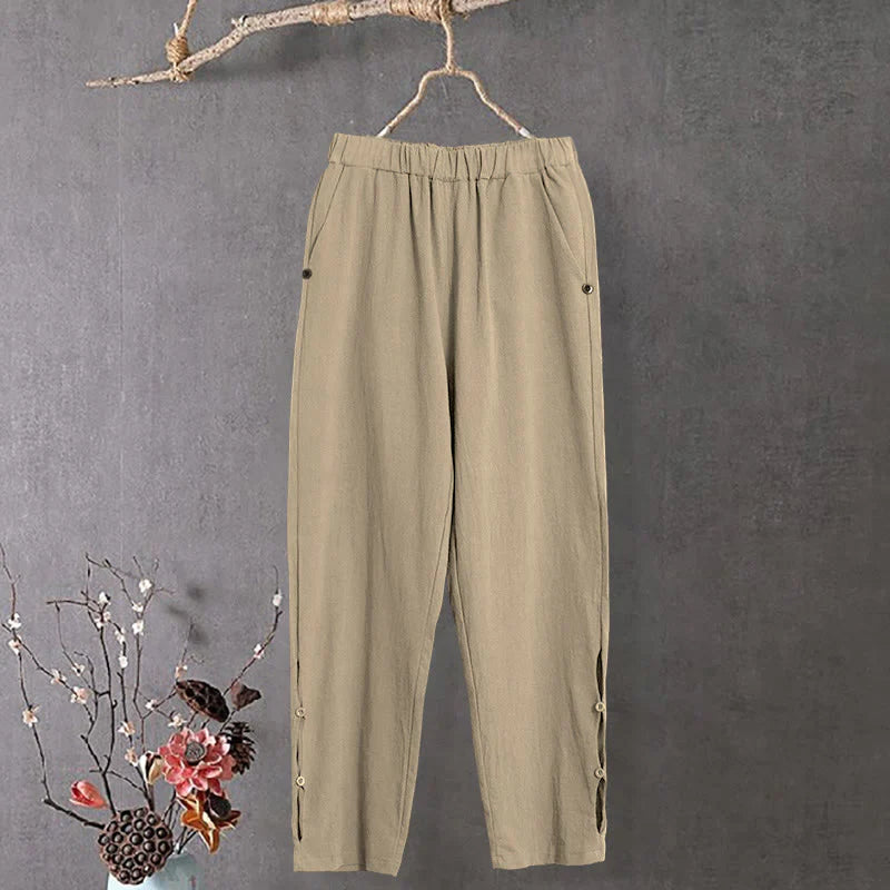 Buddha Stones Casual Pure Color Hollow Button Cuff Design Women's Cotton Linen Pants With Pockets