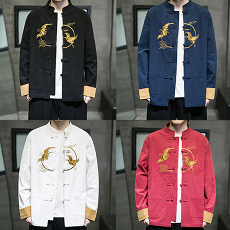 Buddha Stones Embroidery Cranes Pattern Frog-Button Men's Cotton Long Sleeve Jacket With Pockets
