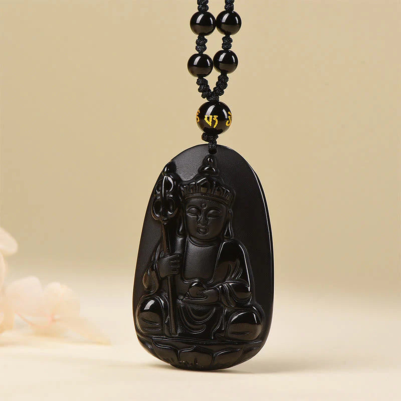 Buddha Stones Ksitigarbha Buddha Pattern Black Obsidian Fulfilment Necklace Pendant