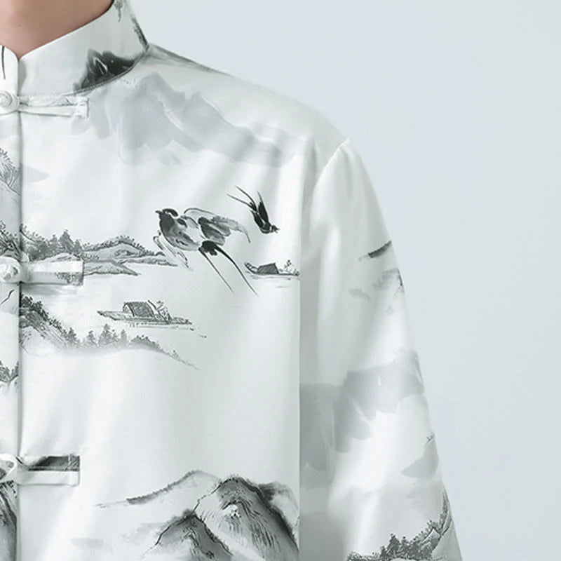 Buddha Stones Printing Chinese Ink Landscape Pattern Men's Frog-button Half Sleeve Shirts