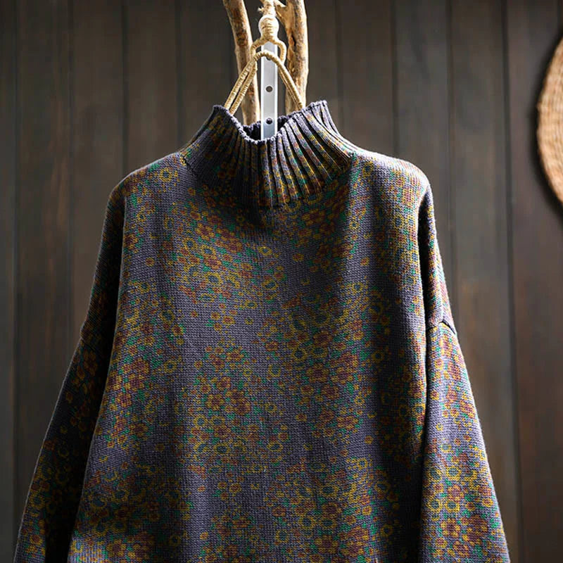 Buddha Stones Women's Knitted Floral Cotton Ribbed Hem Long Sleeve Mock Neck Sweater