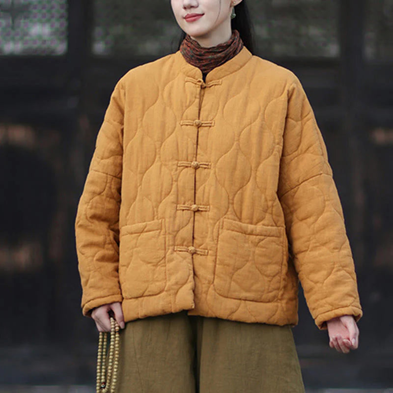 Buddha Stones Winter Curved Lines Frog-Button Ramie Cotton Long Sleeve Women's Thermal Jacket With Pockets