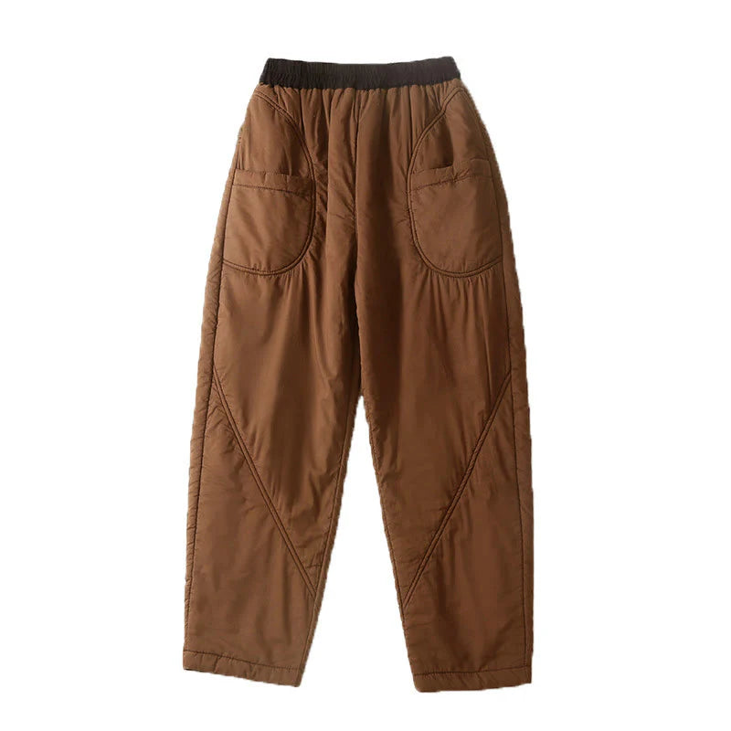 Buddha Stones Women's Winter Plain Elastic Waist Design Thickened Harem Pants With Pockets