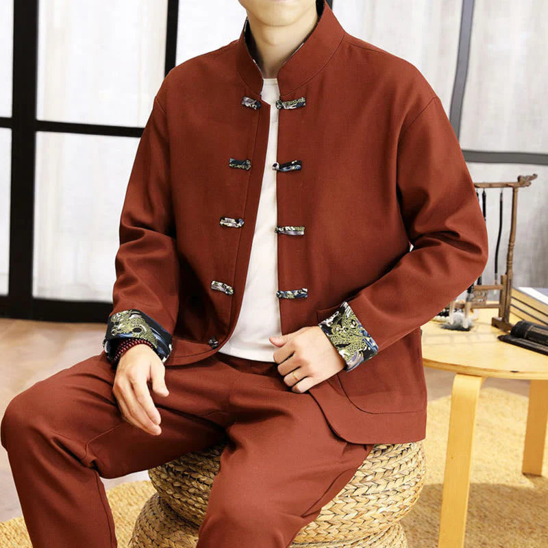 Buddha Stones 2Pcs Tang Suit Frog-Button Men's Waves Long Sleeve Shirt Pants Clothing Set