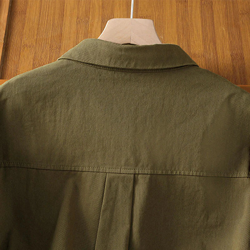 Buddha Stones Spring Plain Lapel Long Sleeve Women's Cotton Shirt With Pockets