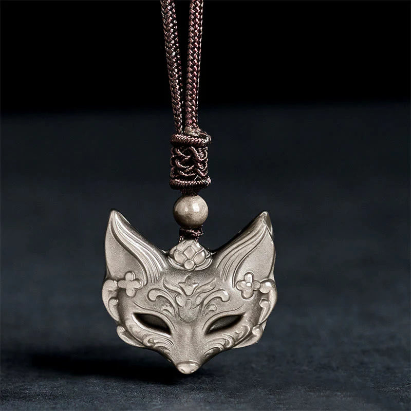 Buddha Stones Relief Fox Design Silver Sheen Obsidian Ice Obsidian Protection Necklace Pendant