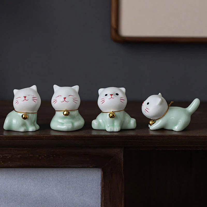 Buddha Stones Mini Lucky Cute Cat Light Green White Ceramic Figurine Decoration