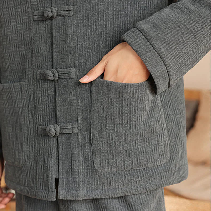 Buddha Stones 2Pcs Winter Solid Men's Tang Suit Frog-Button Cotton Long Sleeve Jacket Pants Set With Pockets