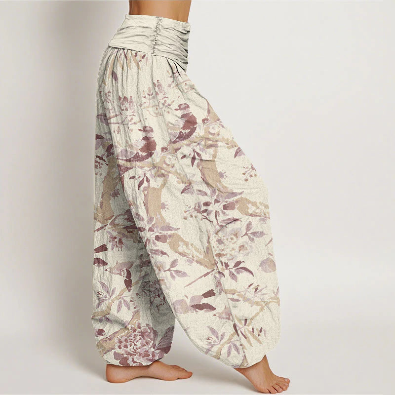 Buddha Stones Cotton Birds Branches Flowers Pattern Women's Elastic Waist Harem Pants